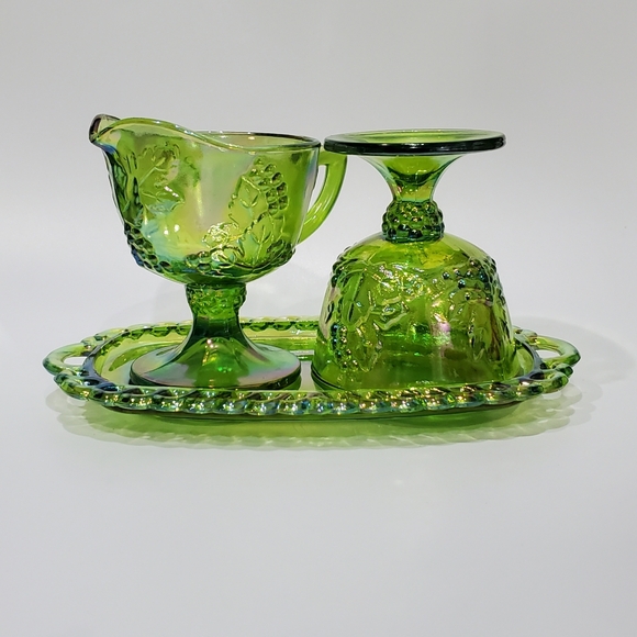 Irredescent Green Carvinal  Glass Tray Open Sugar Cream Pitcher Grape Harvest - Picture 13 of 16
